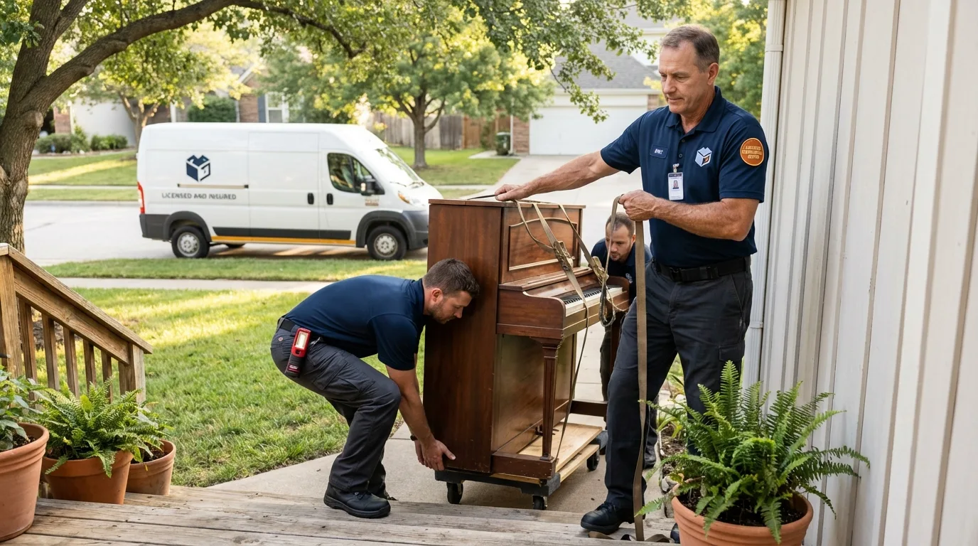 Licensed piano movers securing grand piano in Satsuma, AL