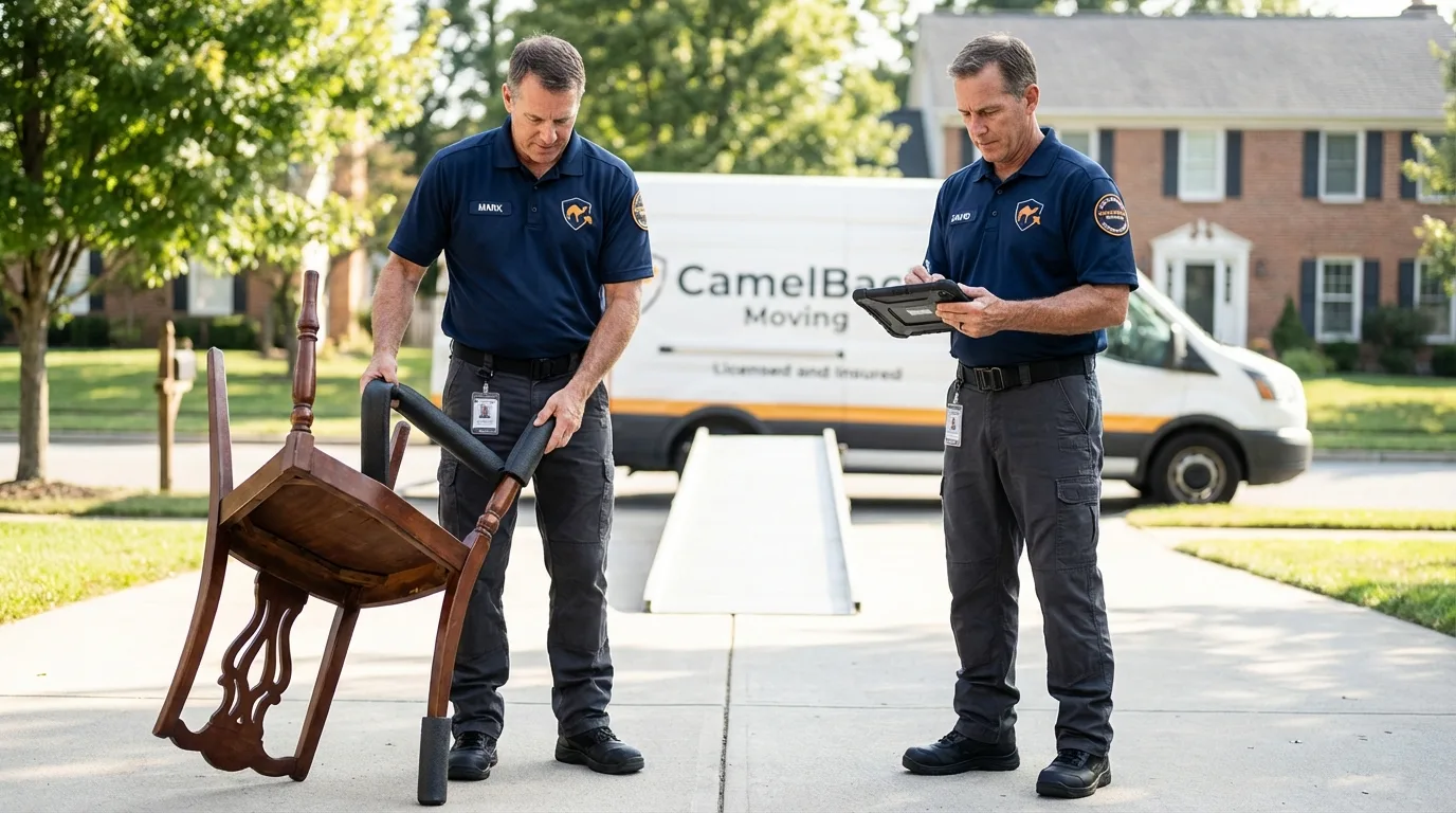 Movers inspecting furniture for damage prevention before loading in Satsuma, AL