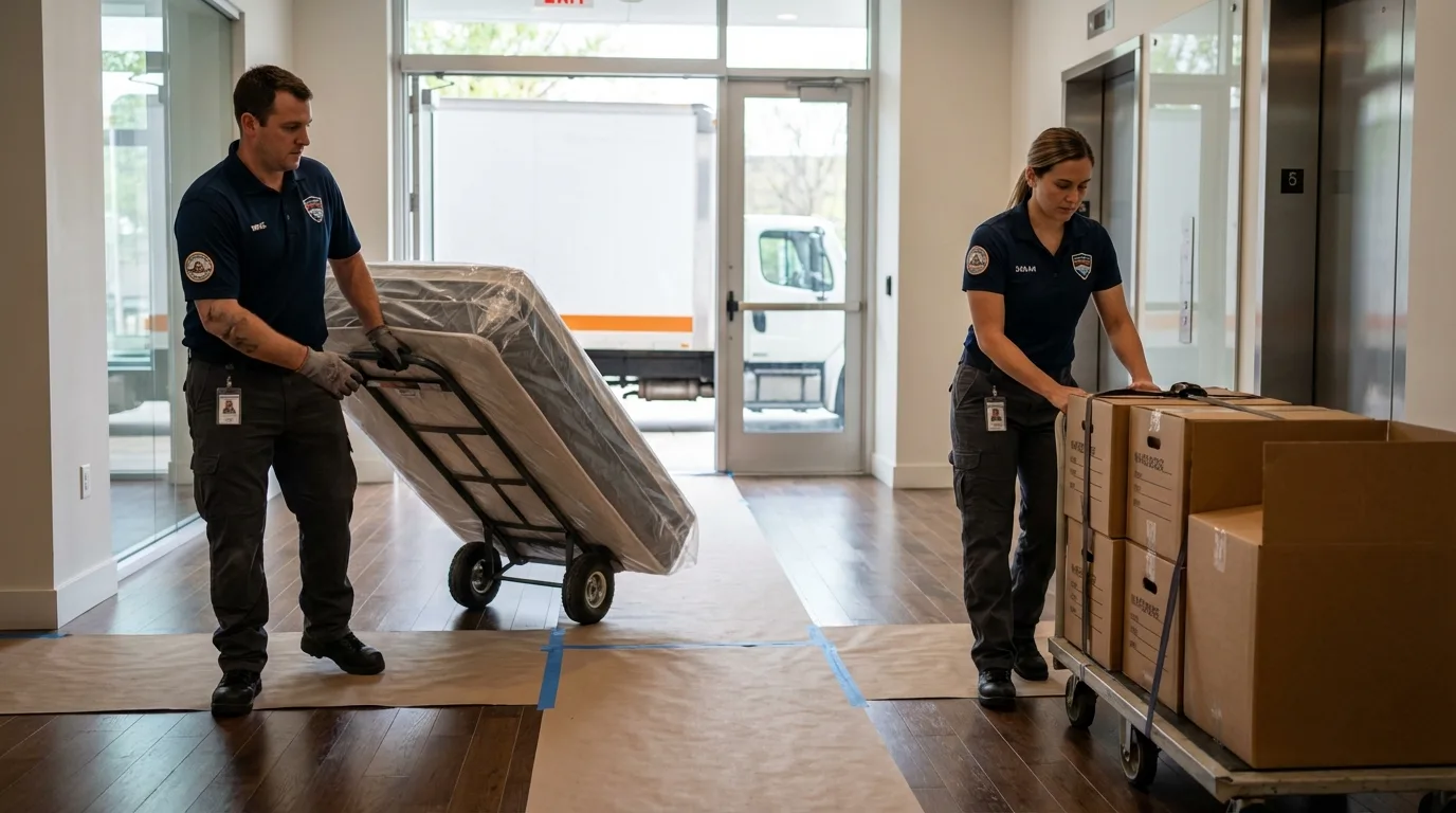 Professional apartment movers loading elevator in Satsuma, AL
